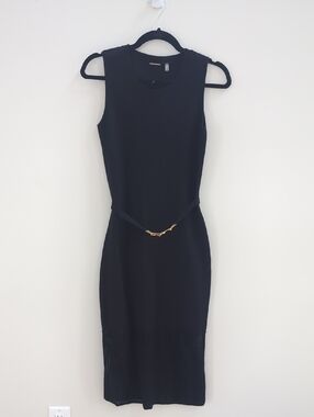 Elie Tahari Black Sleeveless Midi Dress with Slim Waist Accent